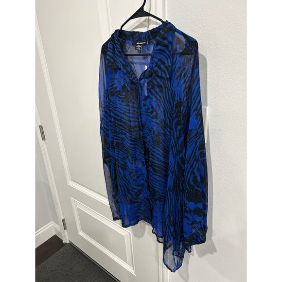 Denim 24/7 Zebra Striped Sheer Button Front Tunic Shirt Blue Black Sz 26W NWT - Picture 3 of 9